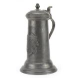 19th century pewter tailor's lidded stein, impressed marks to the base, 26.5cm high : For further