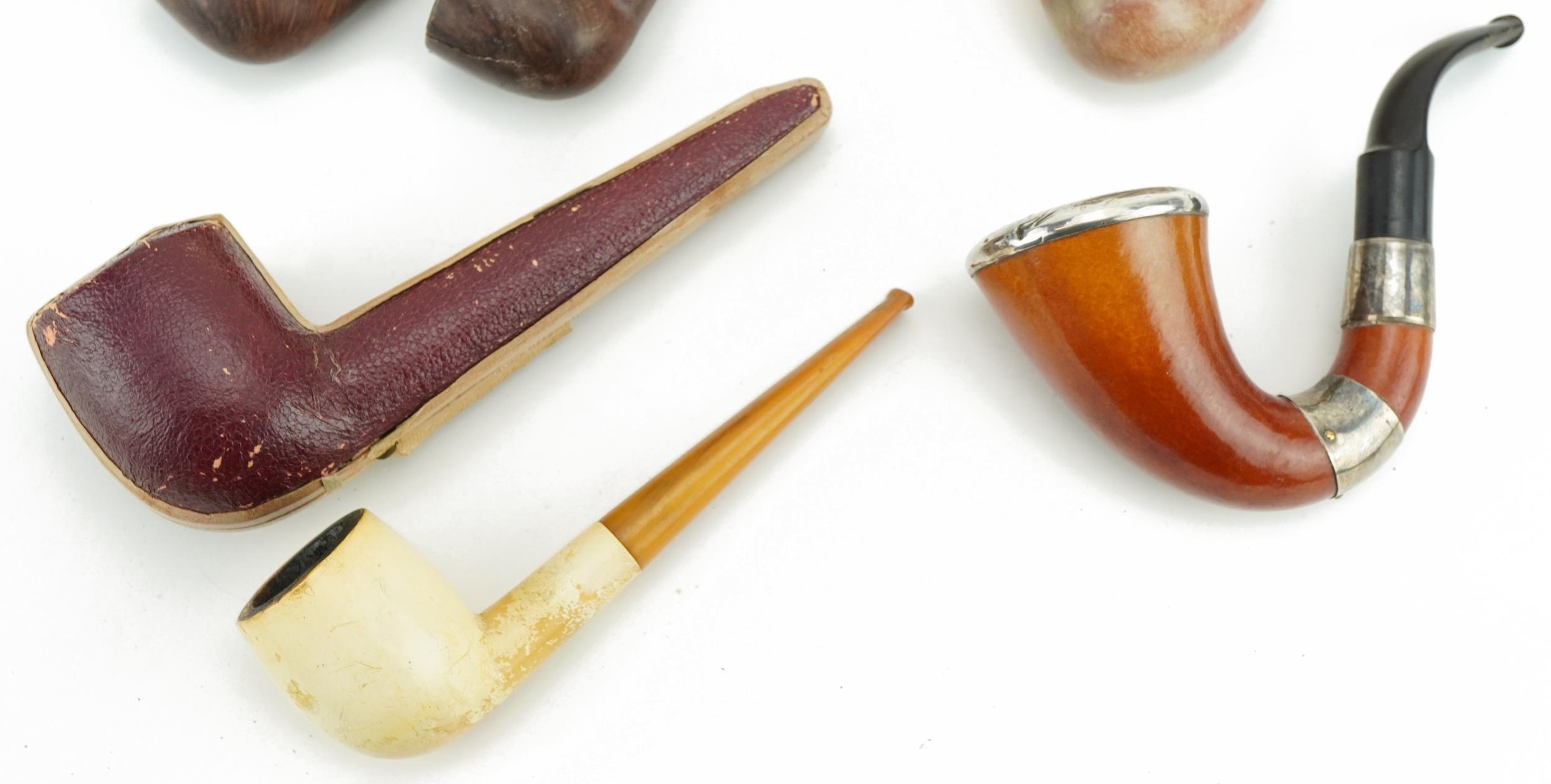 Victorian smoking pipes, four with silver mounts including a pair by G B D housed in a fitted tooled - Image 5 of 5