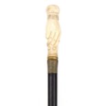 Hardwood walking stick with carved bone ladies hand design handle, 90cm in length : For further