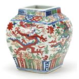 Chinese wucai porcelain square section vase hand painted with dragons, six figure character marks to