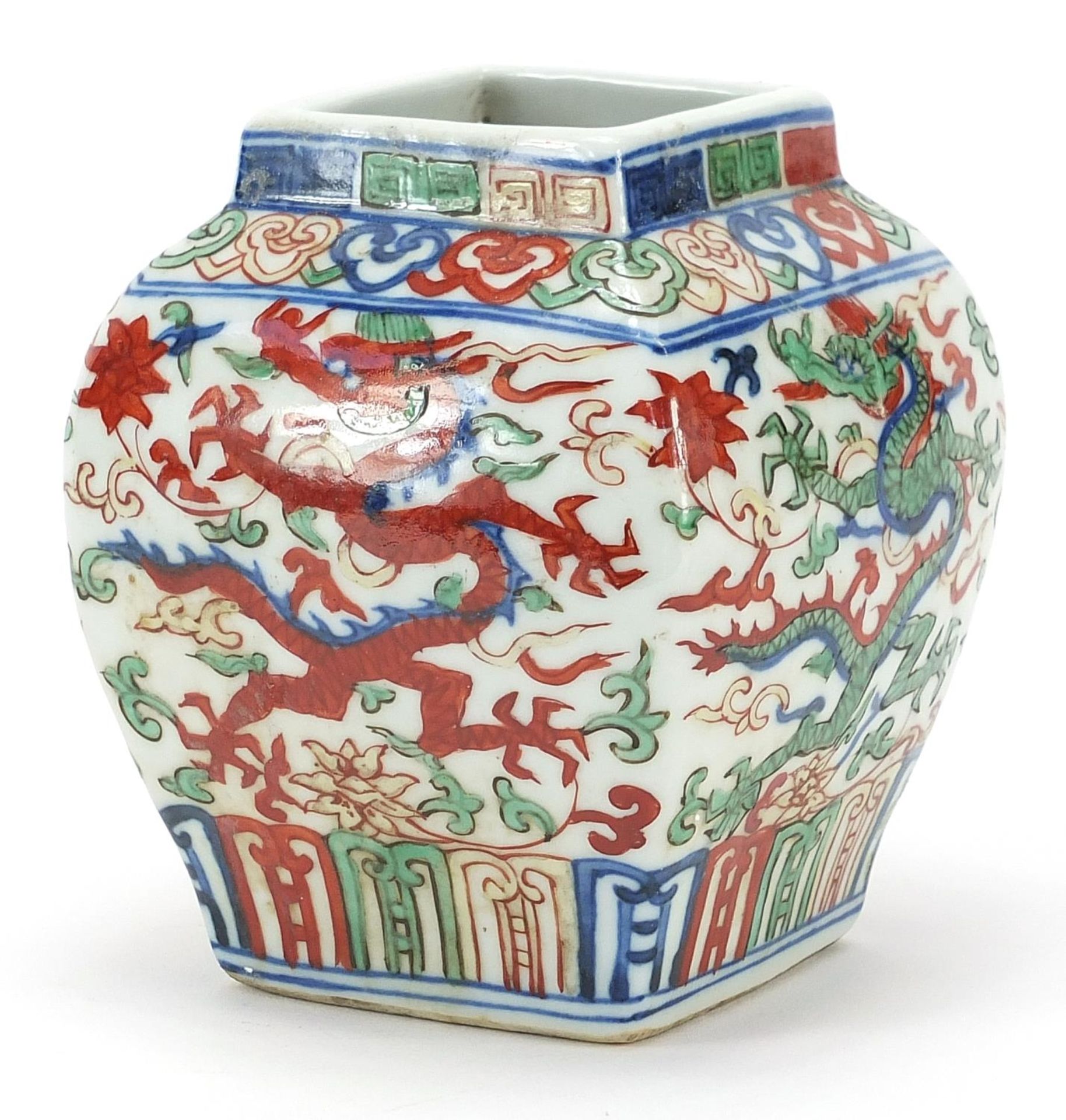 Chinese wucai porcelain square section vase hand painted with dragons, six figure character marks to
