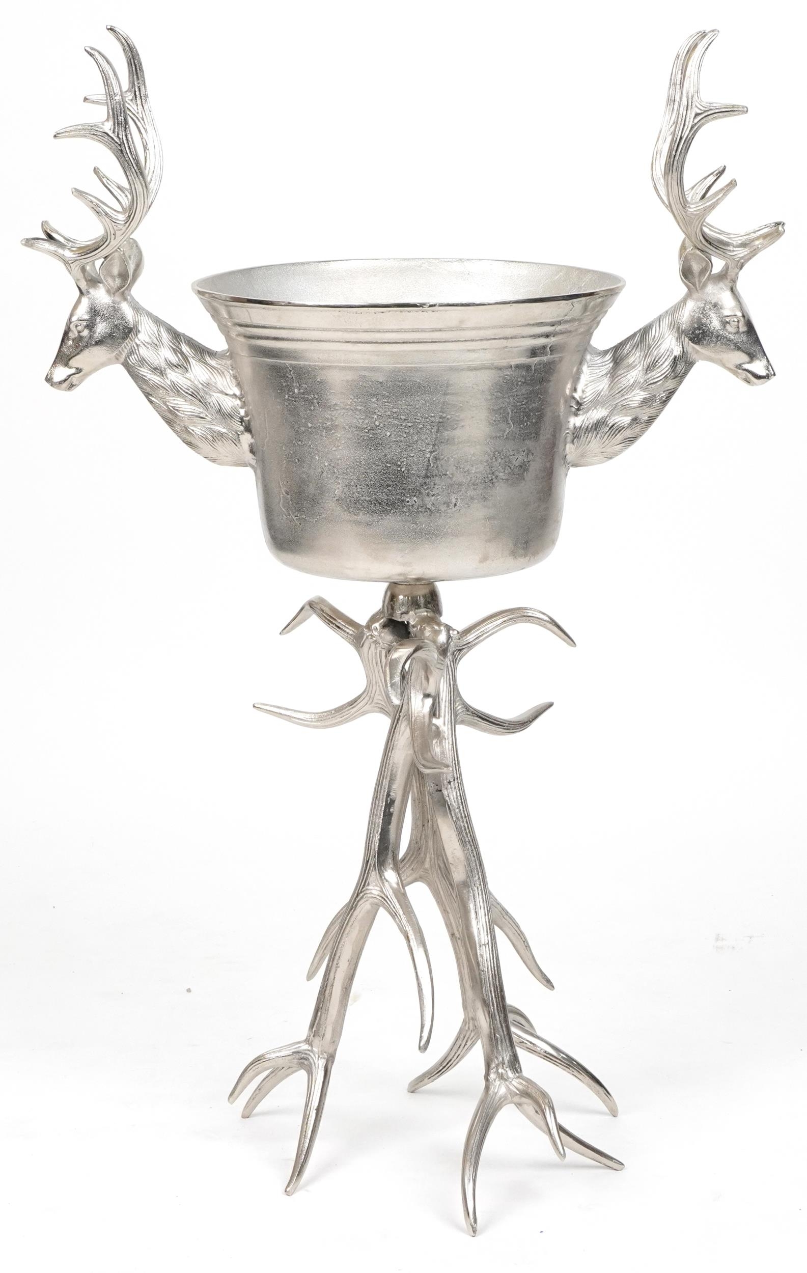 Brutalist style silvered metal floor standing ice bucket with two stag's heads, 105cm high x 70cm - Image 2 of 3
