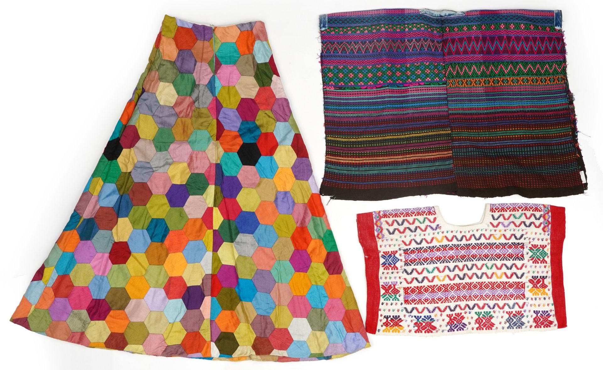 Vintage hexagonal patchwork skirt, patterned Hungarian poncho and one other, the largest 103cm in - Image 5 of 6