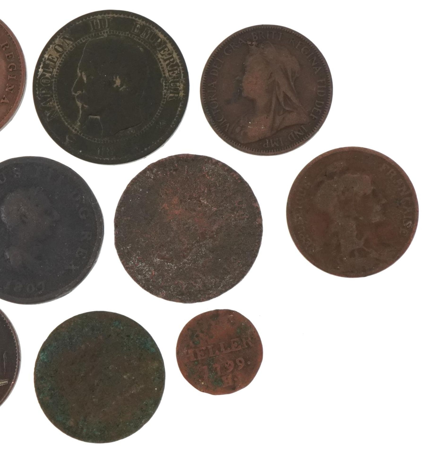 Antique copper coinage and tokens including Victoria Young Head 1843 New Brunswick halfpenny token : - Image 6 of 6