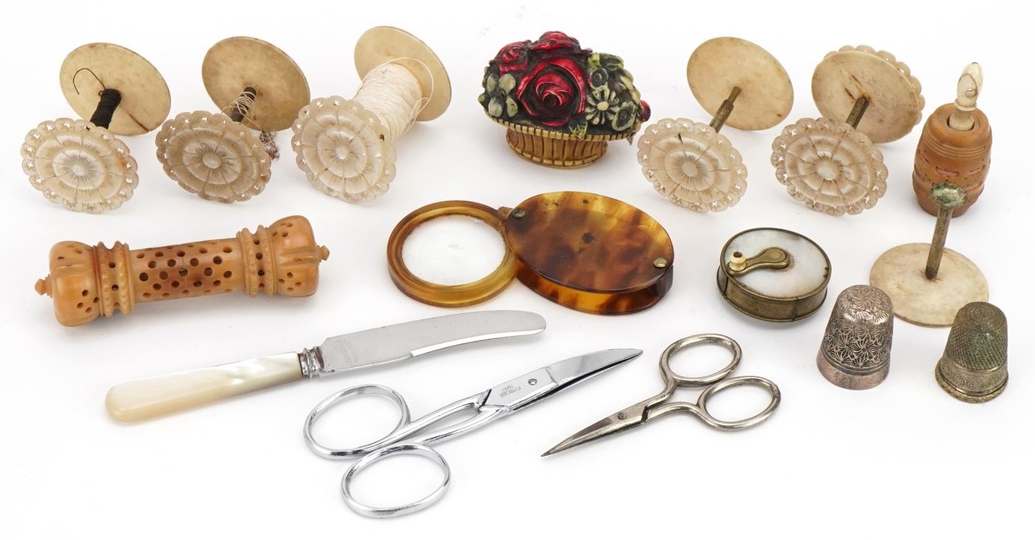 Antique and later sewing items including novelty tape measures, Charles Horner thimble and cotton