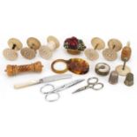 Antique and later sewing items including novelty tape measures, Charles Horner thimble and cotton