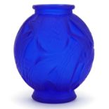 Manner of Mougin Nancy, French Art Deco blue glass vase decorated with flowers, 20.5cm high : For