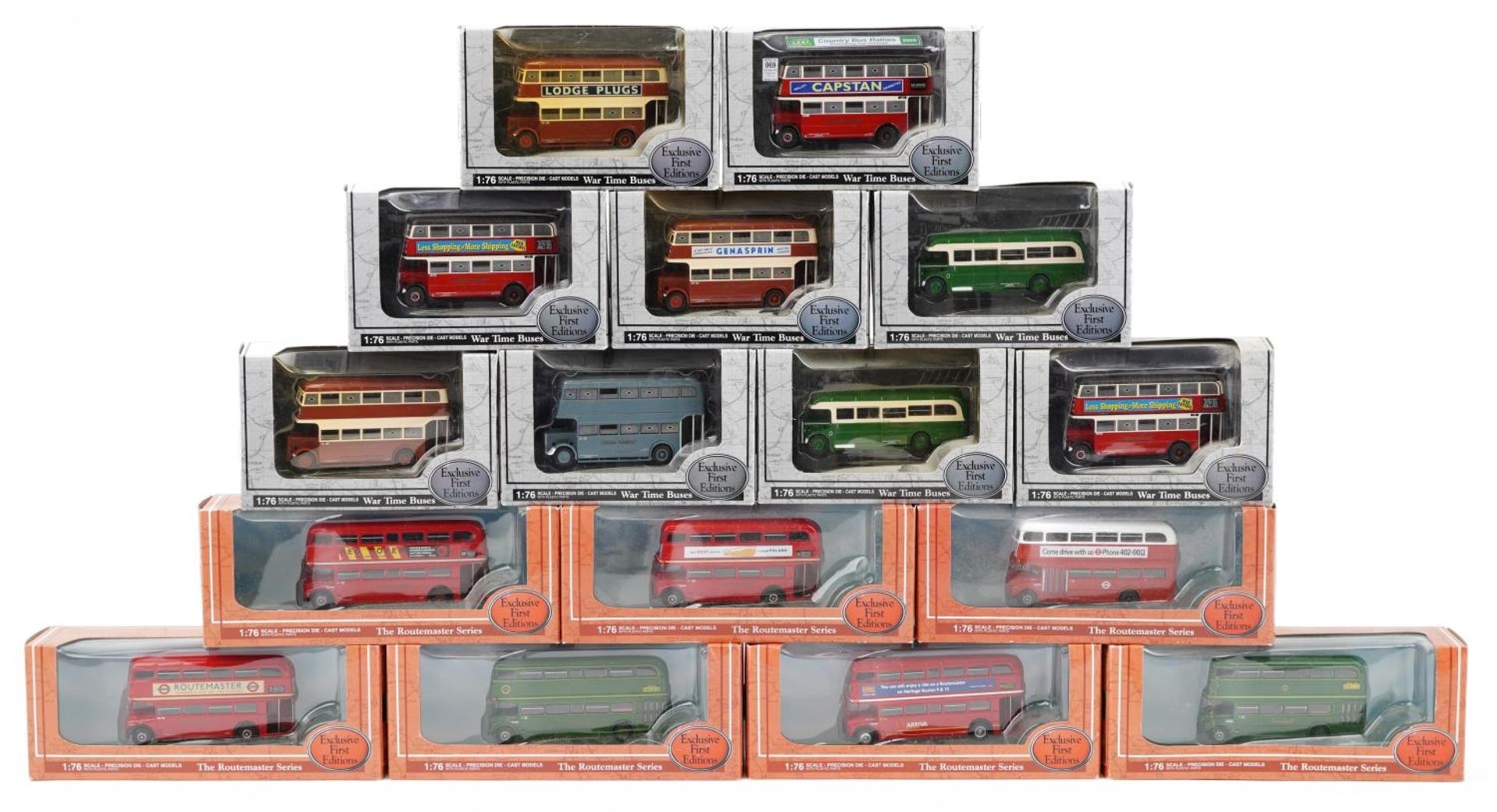 Sixteen Exclusive First Editions 1:76 scale diecast model buses with boxes from The Wartime Buses
