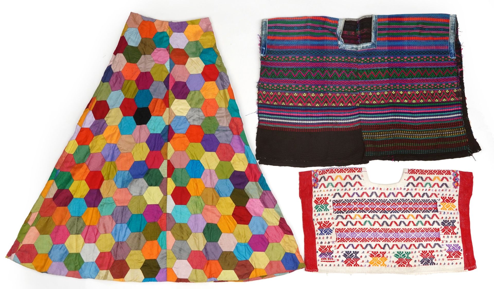 Vintage hexagonal patchwork skirt, patterned Hungarian poncho and one other, the largest 103cm in