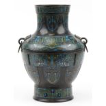Large Chinese patinated bronze cloisonne vase with ring turned animalia handles enamelled with
