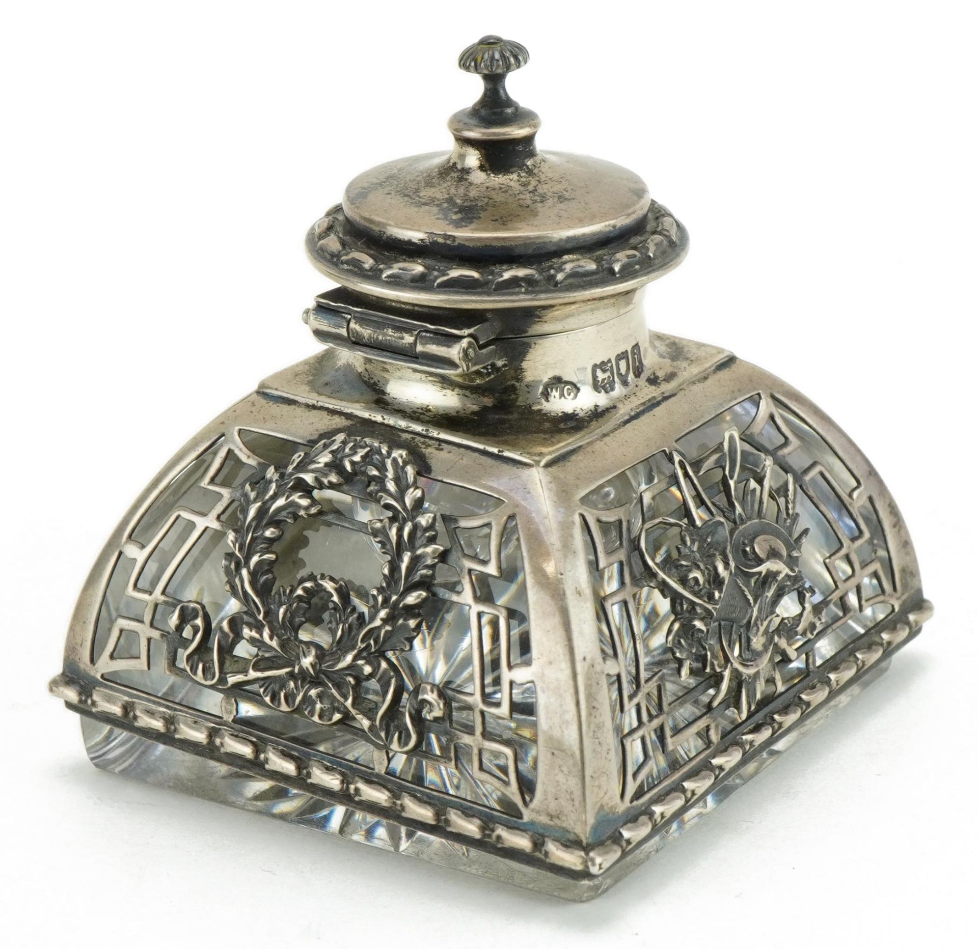 William Comyns & Sons, Edwardian silver overlaid cut glass inkwell, pierced and embossed with - Image 2 of 4