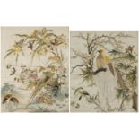 Birds of paradise amongst blossom trees, pair of Chinese silk embroideries, each framed and