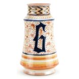 Italian style Albarello pottery drug jar hand painted with stylised motifs, 24.5cm high : For
