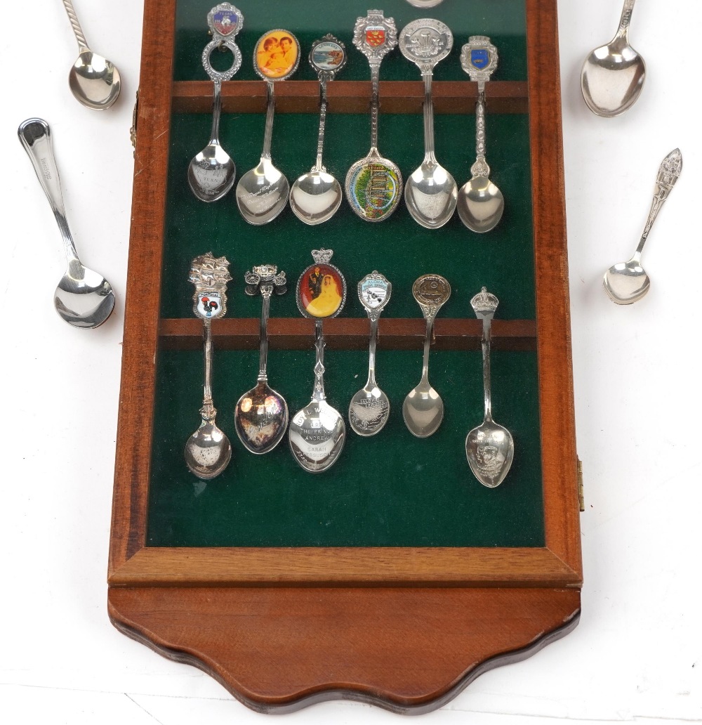 Collection of souvenir and commemorative spoons housed in a display case including two silver - Image 3 of 6