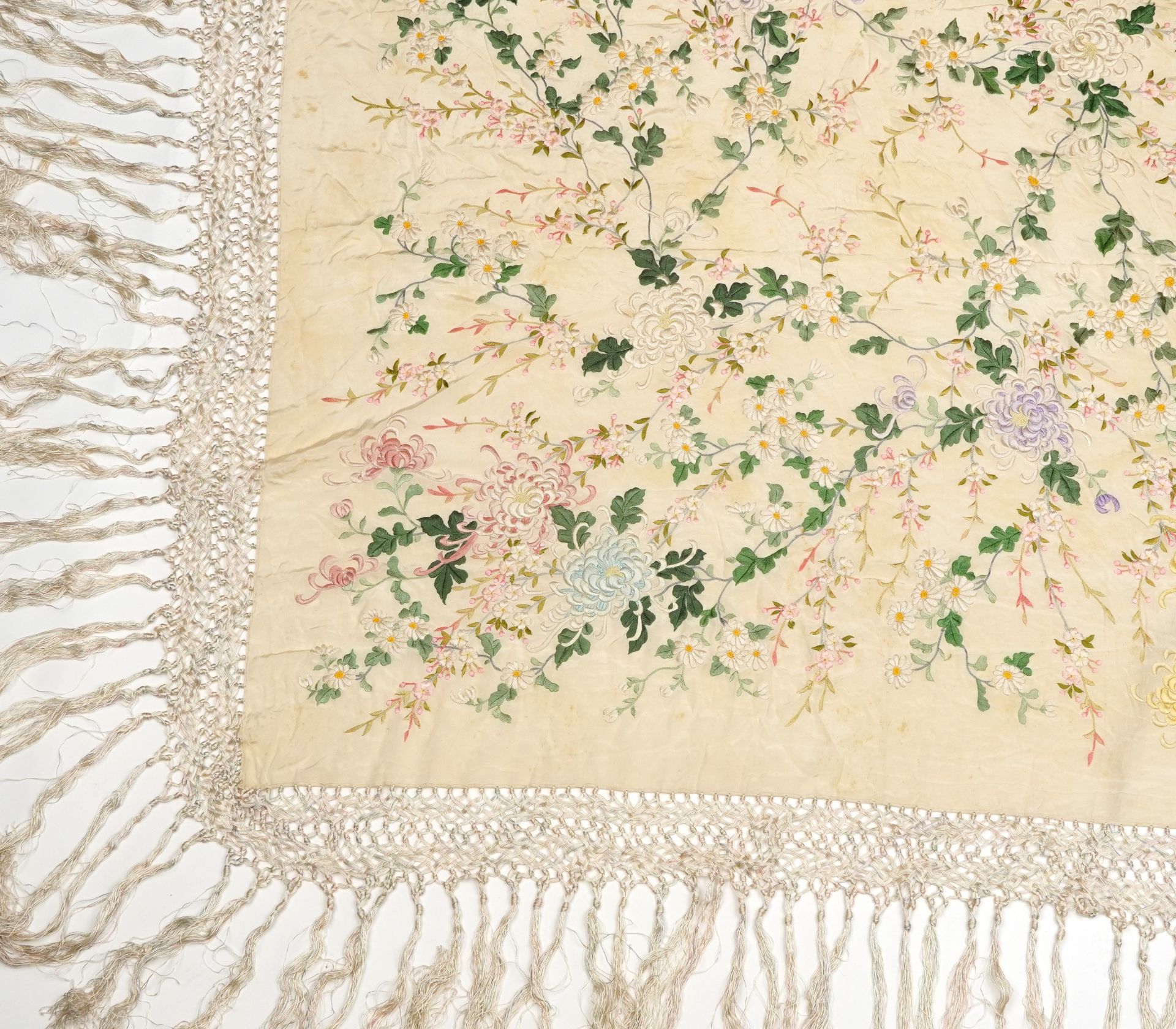 Large vintage silk piano shawl with floral embroidery and knotted fringe, approximately 200cm x - Image 13 of 14