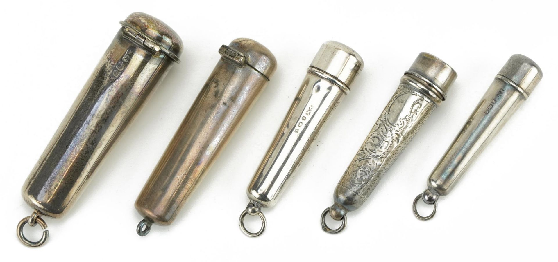 Five Edwardian and later silver cigarette holder cases, one with engraved decoration, various - Image 2 of 5
