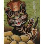 After Louis Wain - Cat holding a shotgun, comical mixed media, mounted, framed and glazed, 34cm x