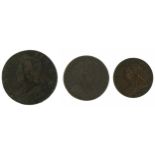 Three William & Mary and later copper coins comprising William & Mary 1694 farthing, George II