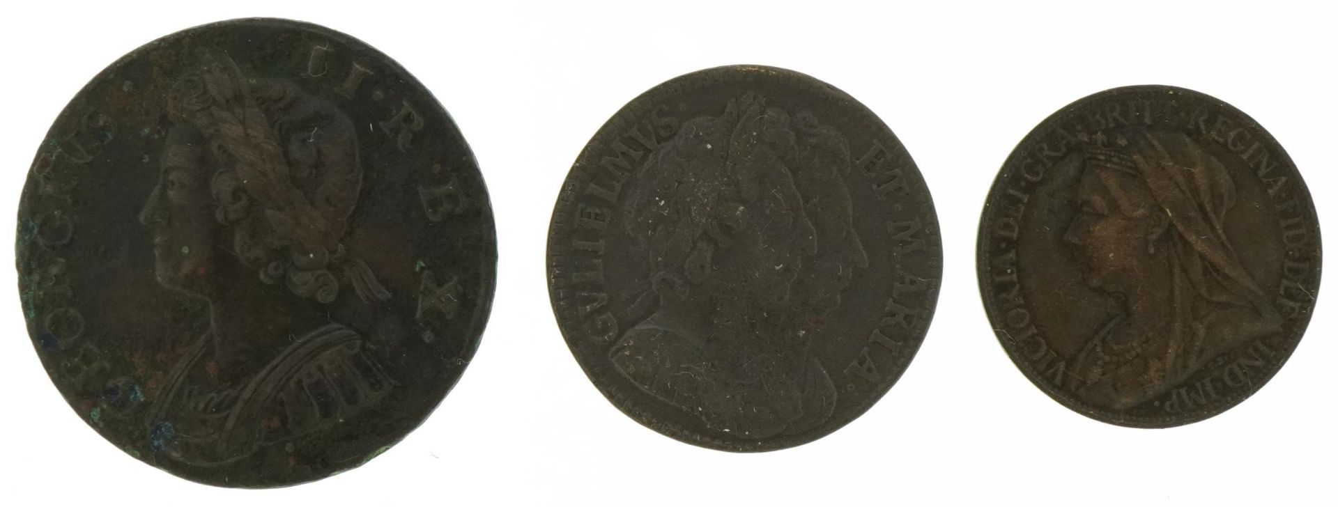 Three William & Mary and later copper coins comprising William & Mary 1694 farthing, George II