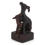 Chinese patinated bronze two piece seal in the form of a deer and a foal, 5cm high : For further