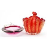 Murano gold flecked ruby glass basket vase and a two colour apple design dish, each 18cm wide :