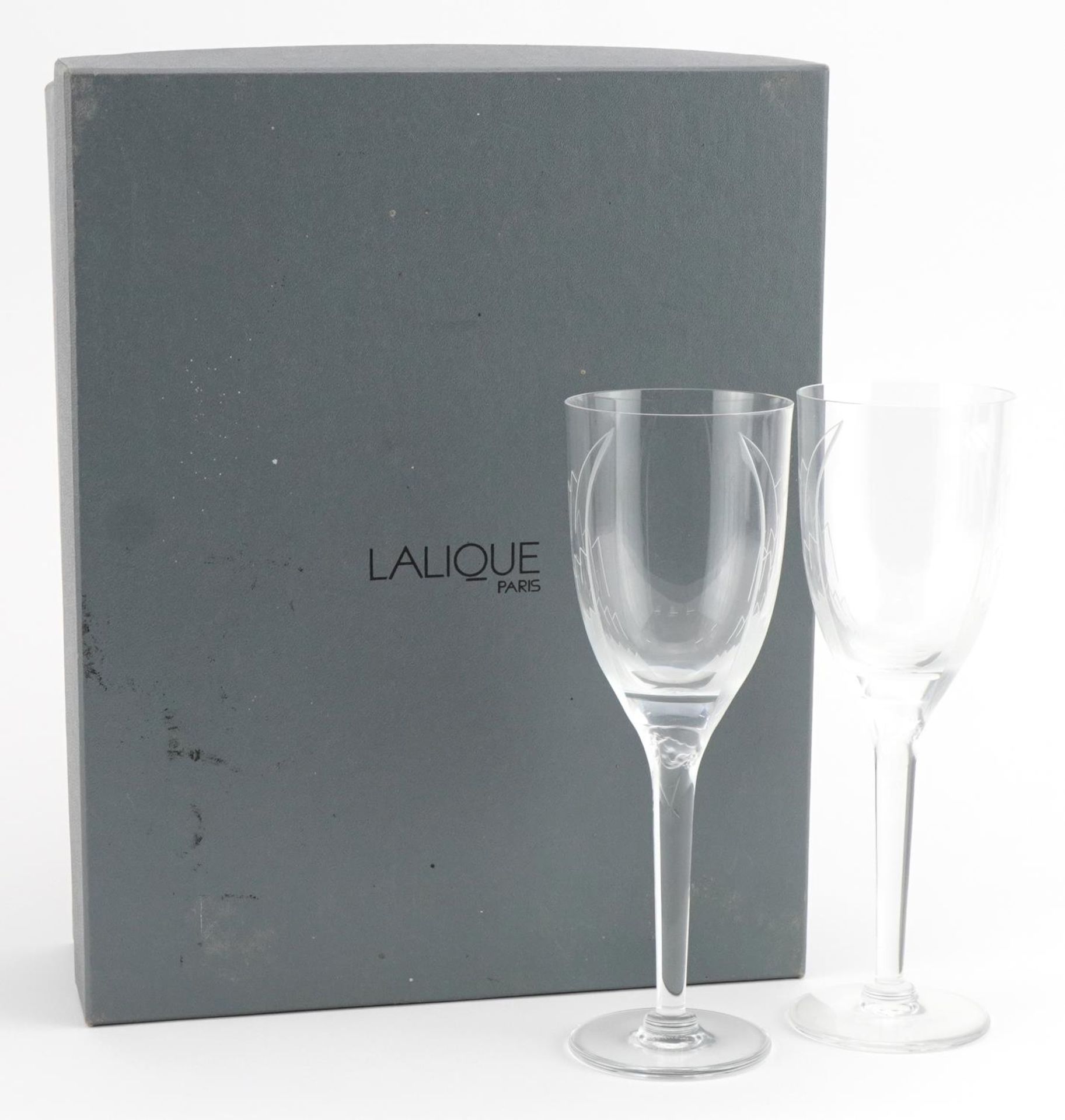 Lalique, pair of French frosted and clear glass Angel of Reins Champagne flutes with box, each