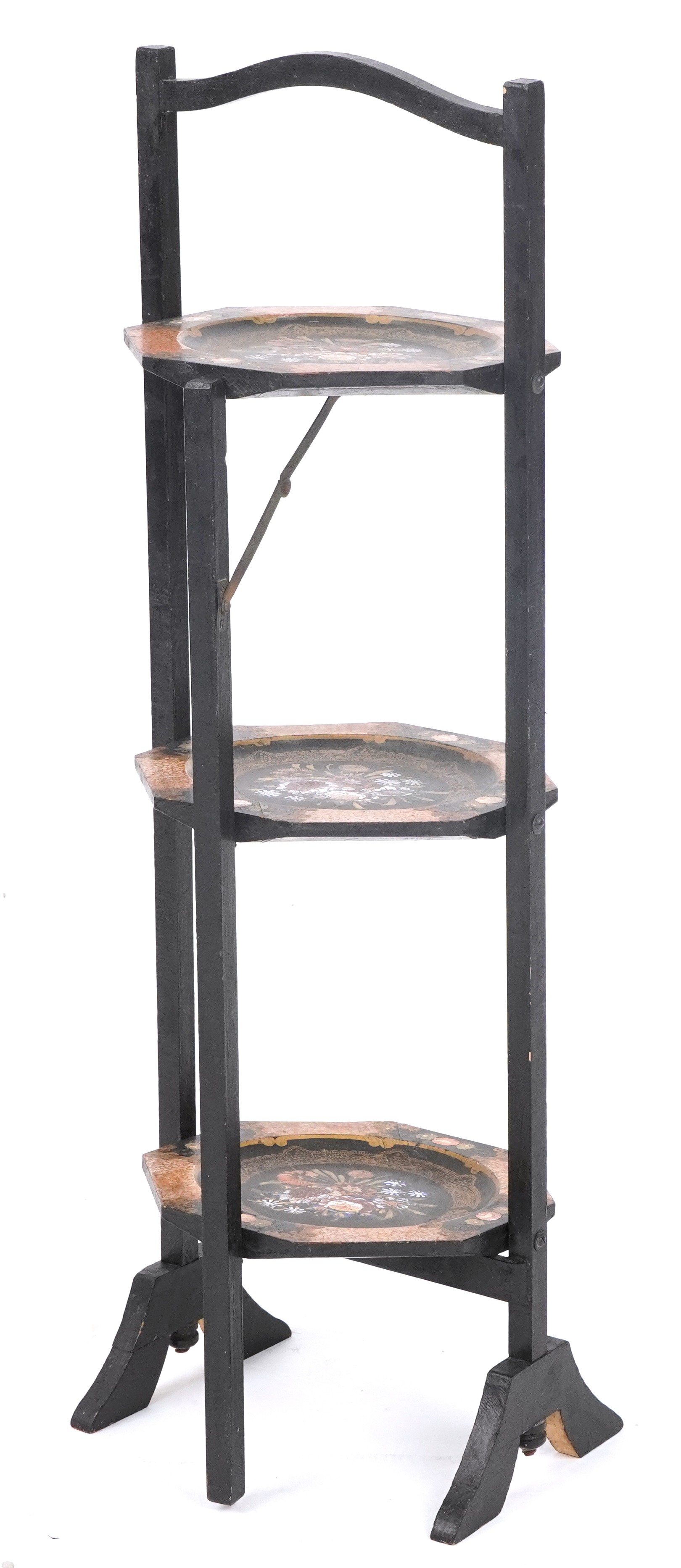 Hand painted ebonised three tier folding cake stand, 80cm high : For further information on this lot - Image 3 of 4