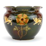 Art Nouveau Albion pottery jardiniere hand painted with Britannia lions and Irish roses,