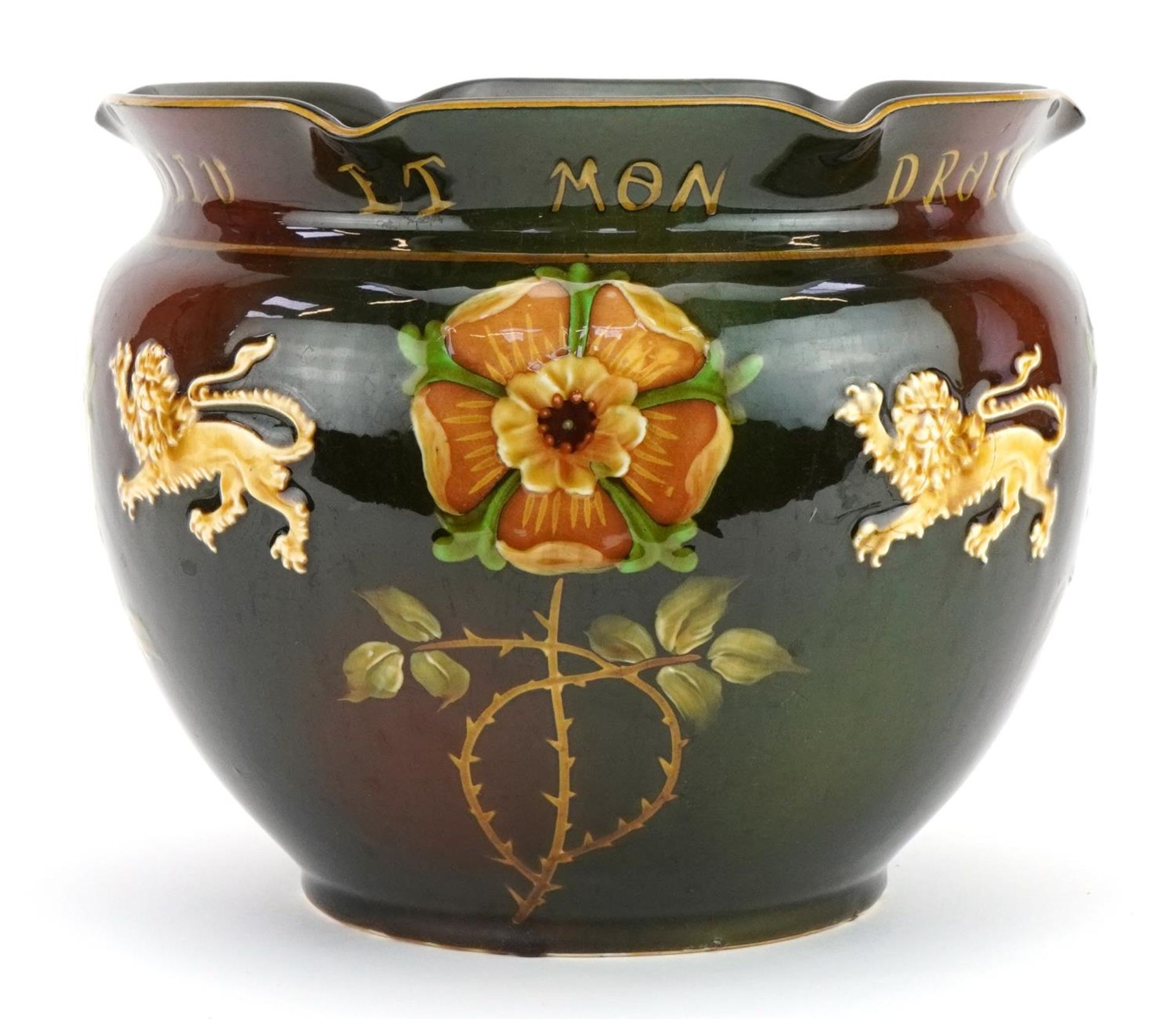 Art Nouveau Albion pottery jardiniere hand painted with Britannia lions and Irish roses,