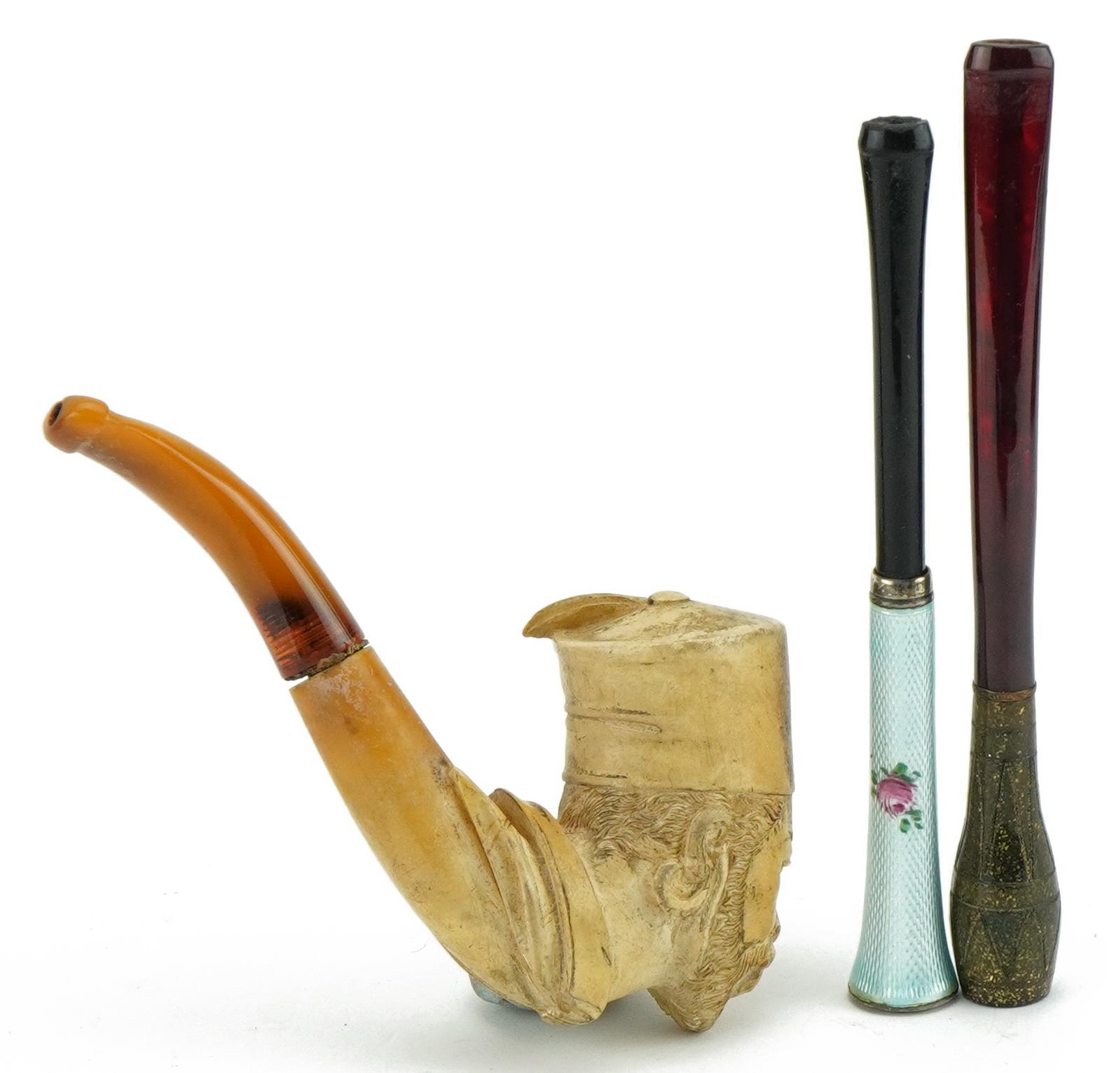 19th century Meerschaum smoking pipe with amber coloured mouthpiece in the form of a man wearing a - Image 3 of 4