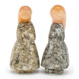 Pair of Russian carved hardstone figures of young girls, each 12cm high : For further information on