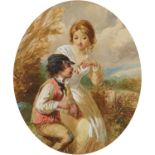Female and child before a landscape, 19th century oval heightened watercolour, various ink