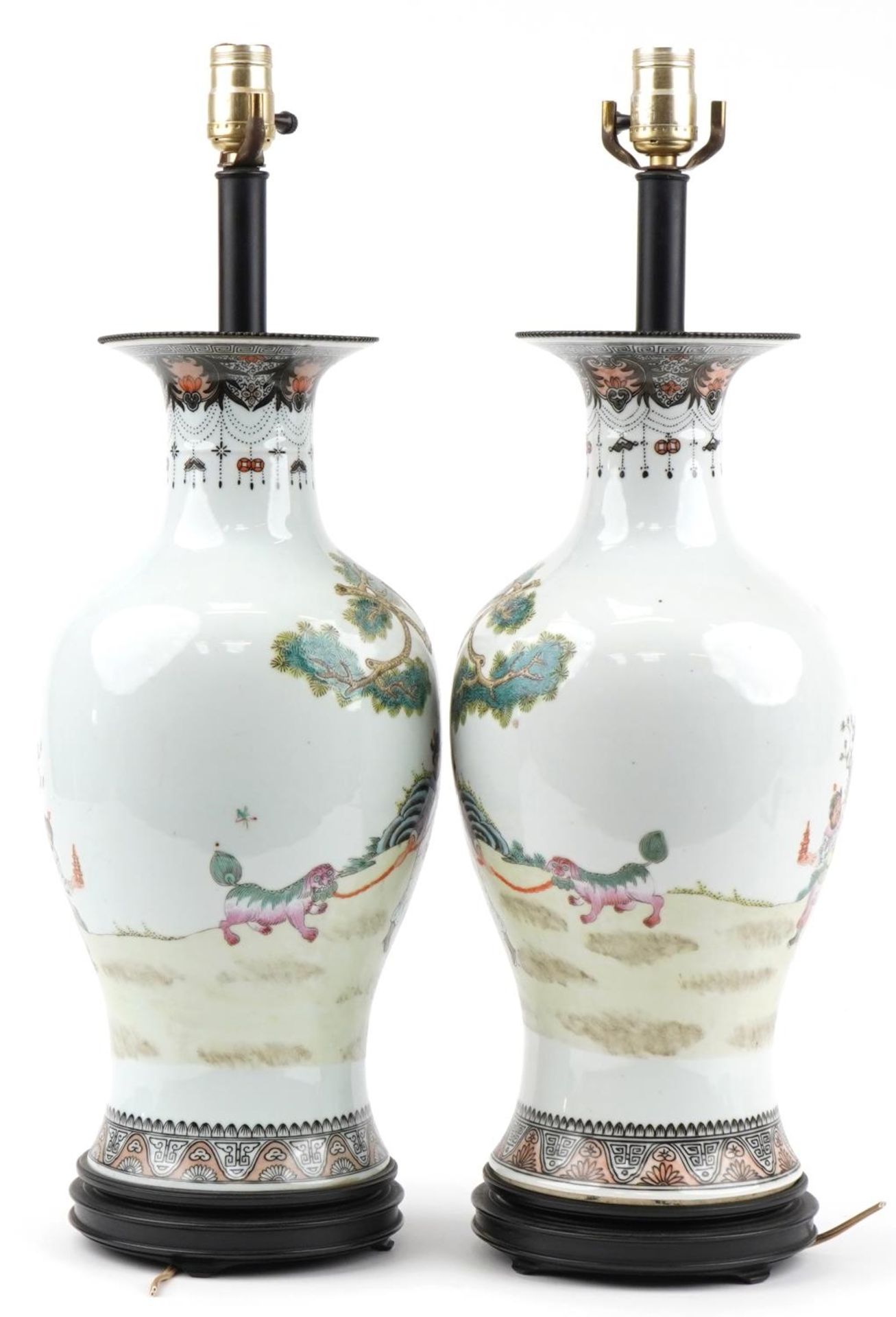 Pair of Chinese porcelain baluster vase table lamps raised on hardwood stands, each hand painted - Image 2 of 3