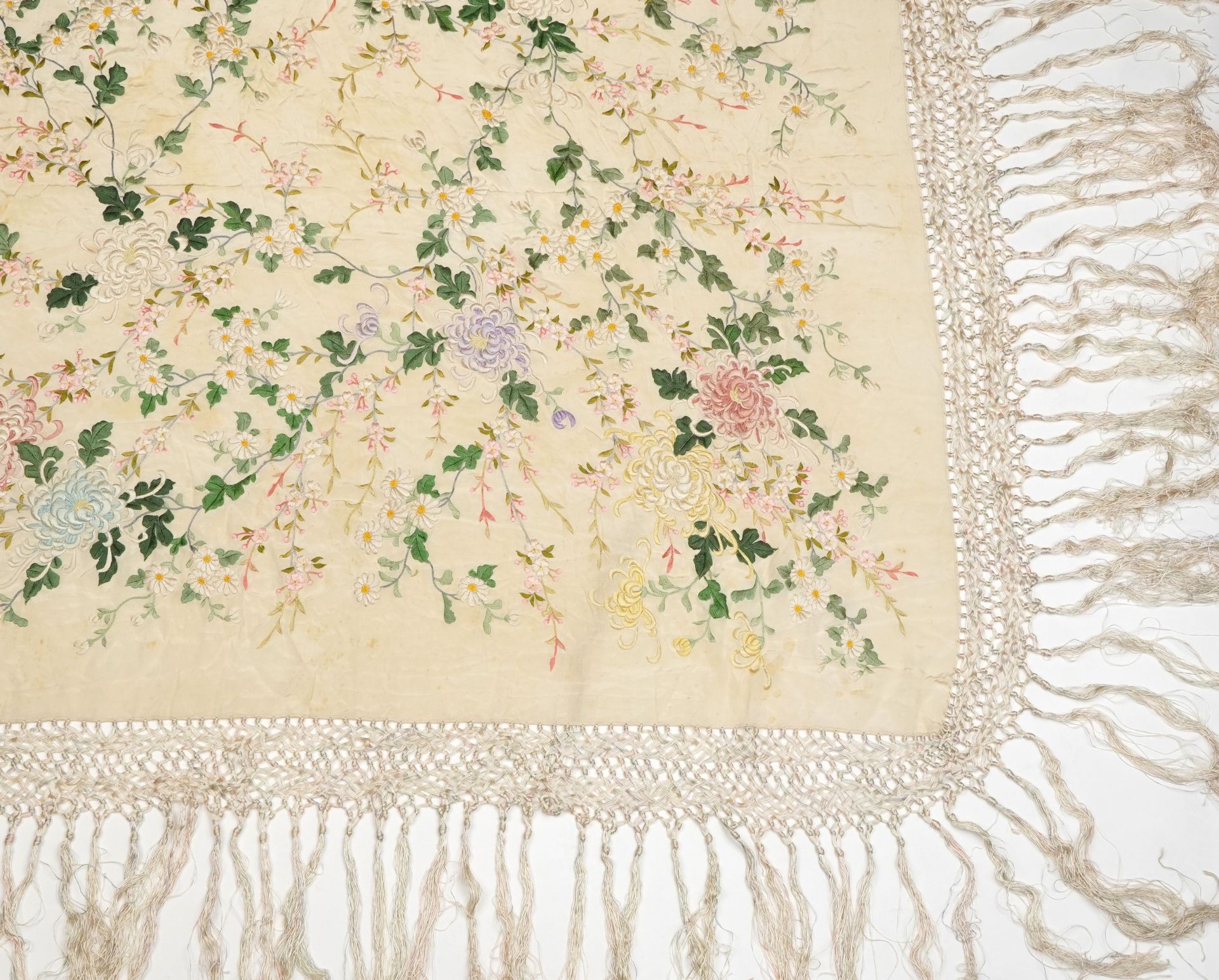 Large vintage silk piano shawl with floral embroidery and knotted fringe, approximately 200cm x - Image 14 of 14