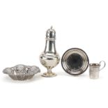 Silver objects comprising a circular bonbon dish by Walker & Hall, baluster shaped caster and a