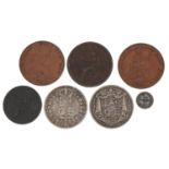 George III and later British coinage comprising 1806 penny, 1807 half penny, 1836 half crown, 1891