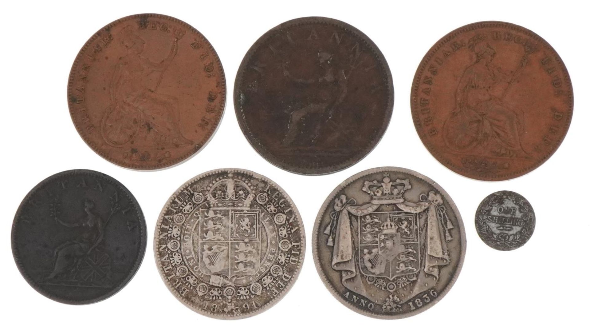 George III and later British coinage comprising 1806 penny, 1807 half penny, 1836 half crown, 1891