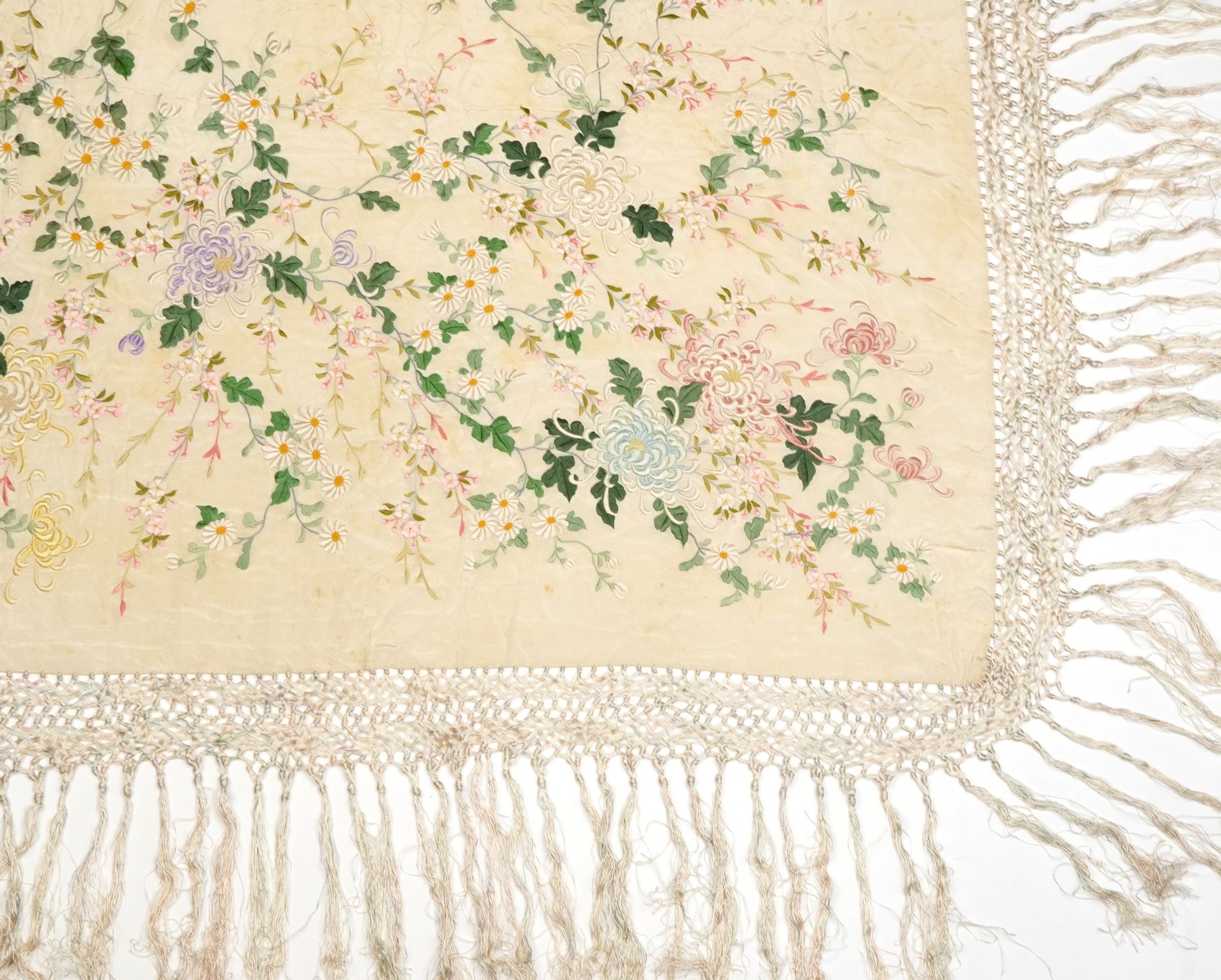 Large vintage silk piano shawl with floral embroidery and knotted fringe, approximately 200cm x - Image 7 of 14