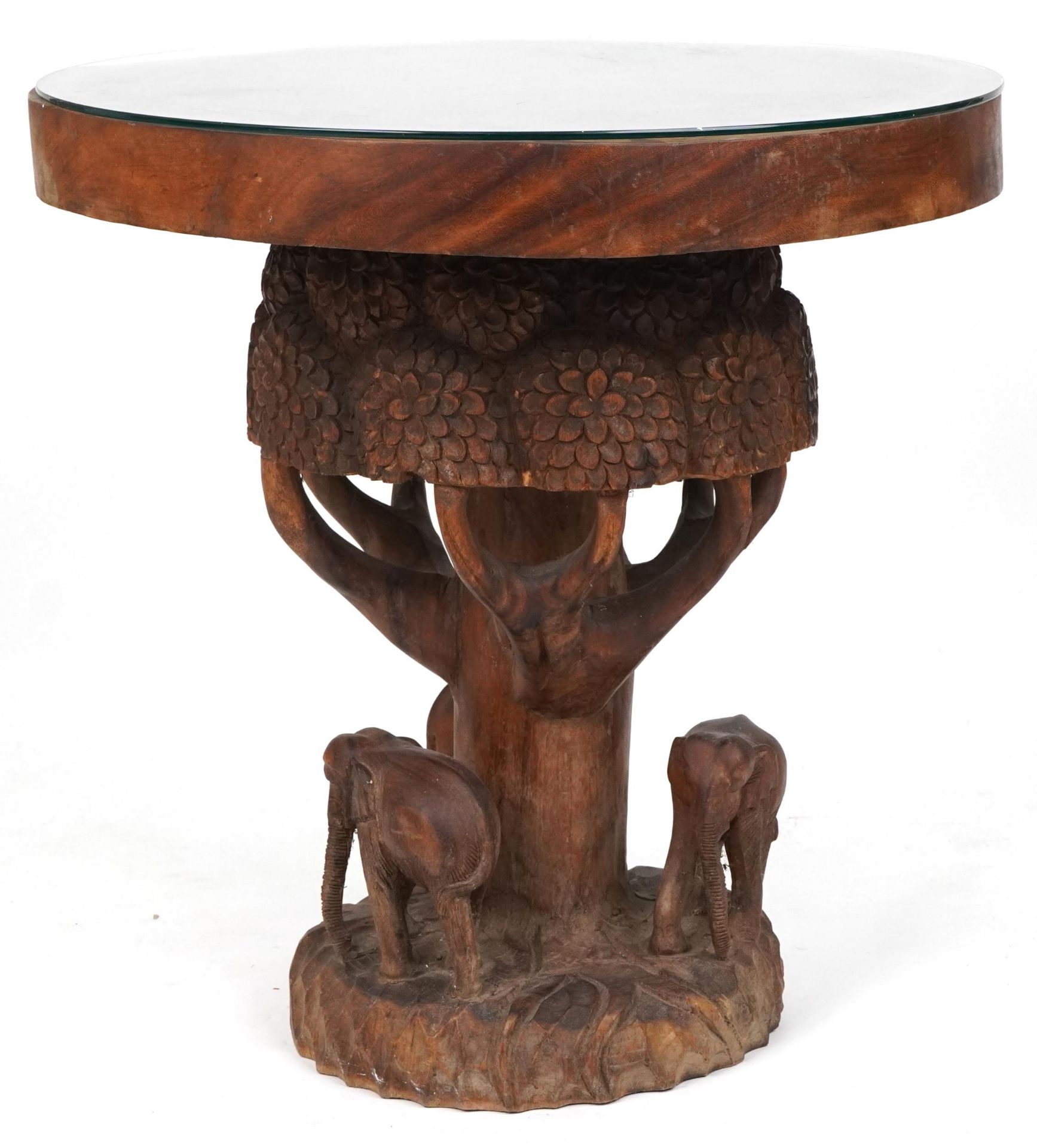 African circular centre table profusely carved with elephants and trees, 80cm high x 75cm in - Image 3 of 4