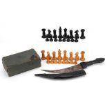 Hardwood chess set and a horn handled knife with steel blade and sheath : For further information on