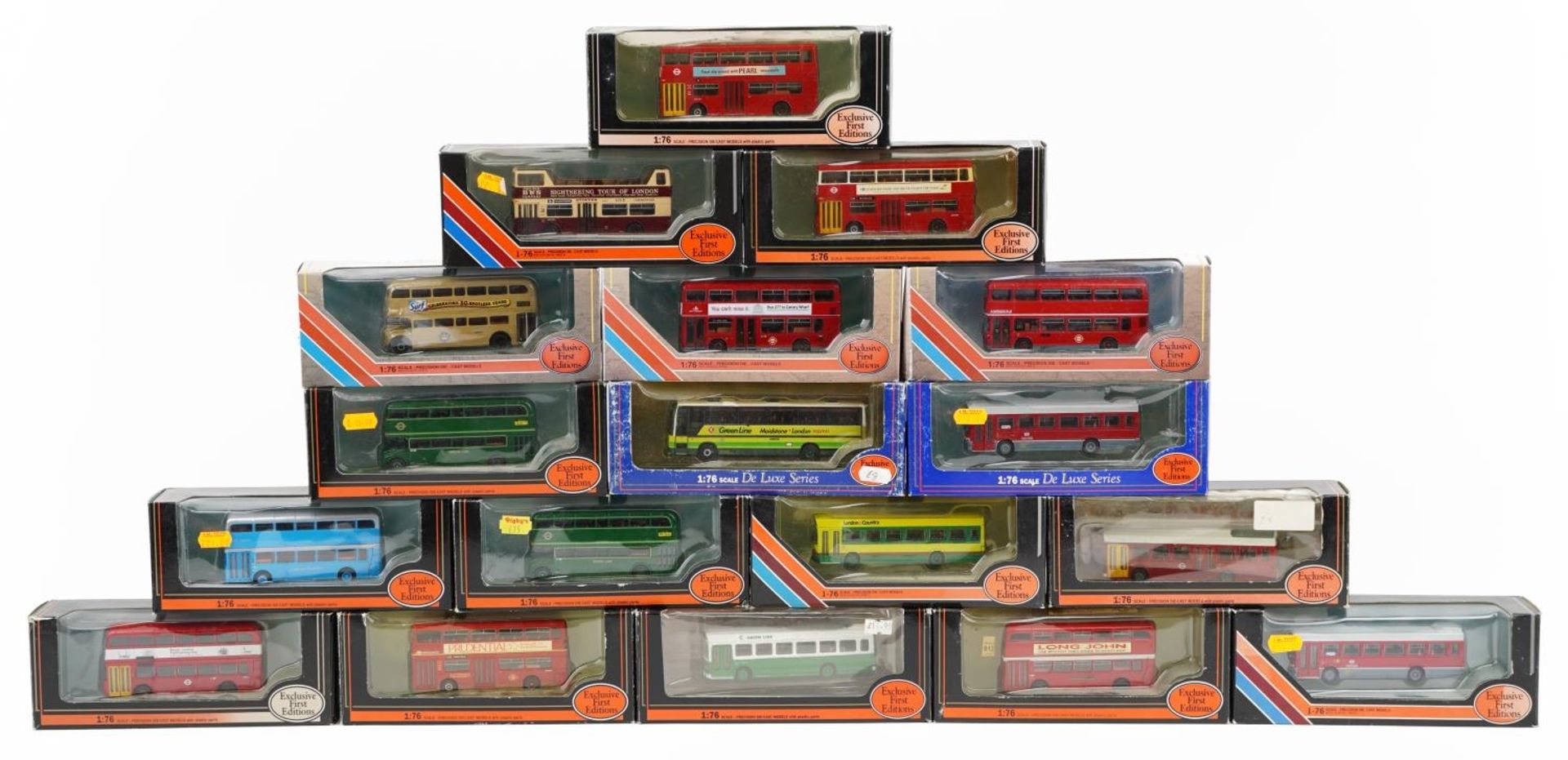 Eighteen Exclusive First Editions 1:76 scale diecast model buses with boxes : For further