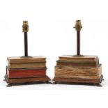 Matched pair of 19th century style stacked book design table lamps with rectangular oak bases on