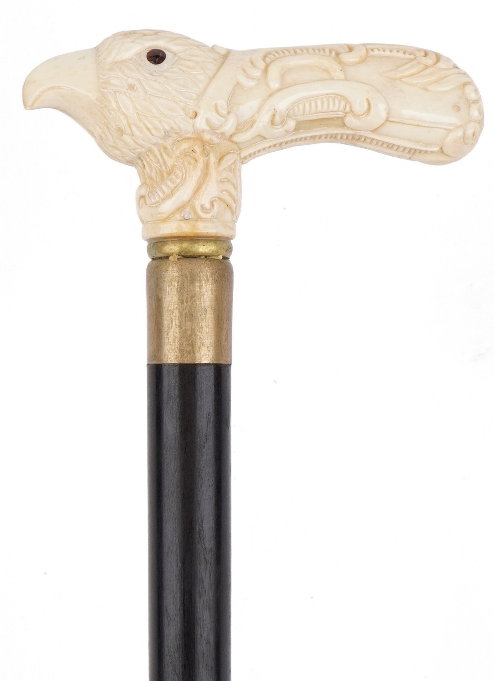 Hardwood walking stick with carved bone bird head design handle, 91cm in length : For further
