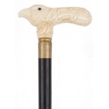 Hardwood walking stick with carved bone bird head design handle, 91cm in length : For further