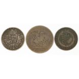 Three George III silver coins comprising 1820 crown, 1816 half crown large head and 1820 half