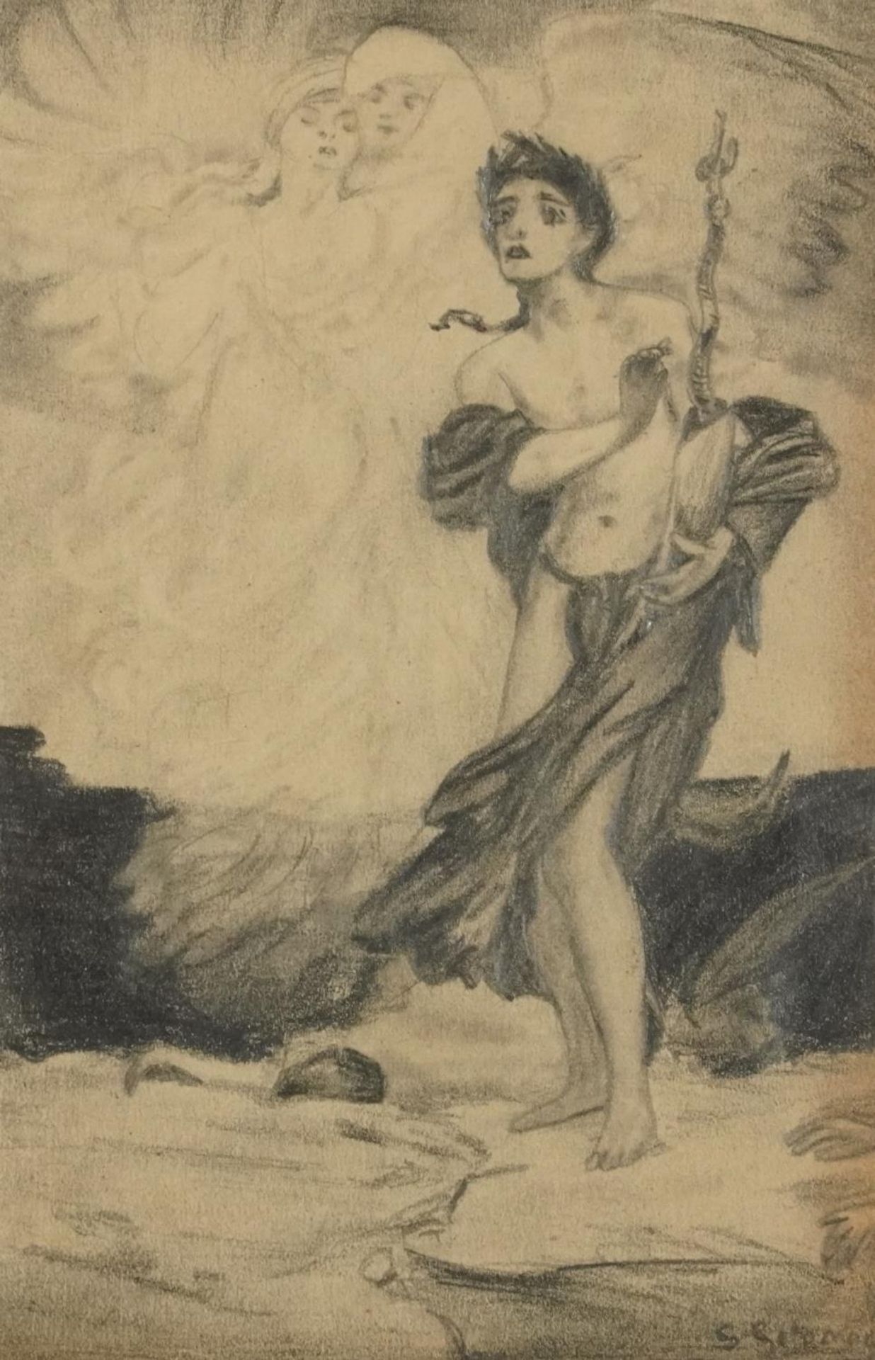 The Rod of Asciepius and Angels, Greek mythology interest pencil drawing, possibly 18th century,