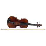 Old wooden violin with bow, the violin back 14 inches in length : For further information on this