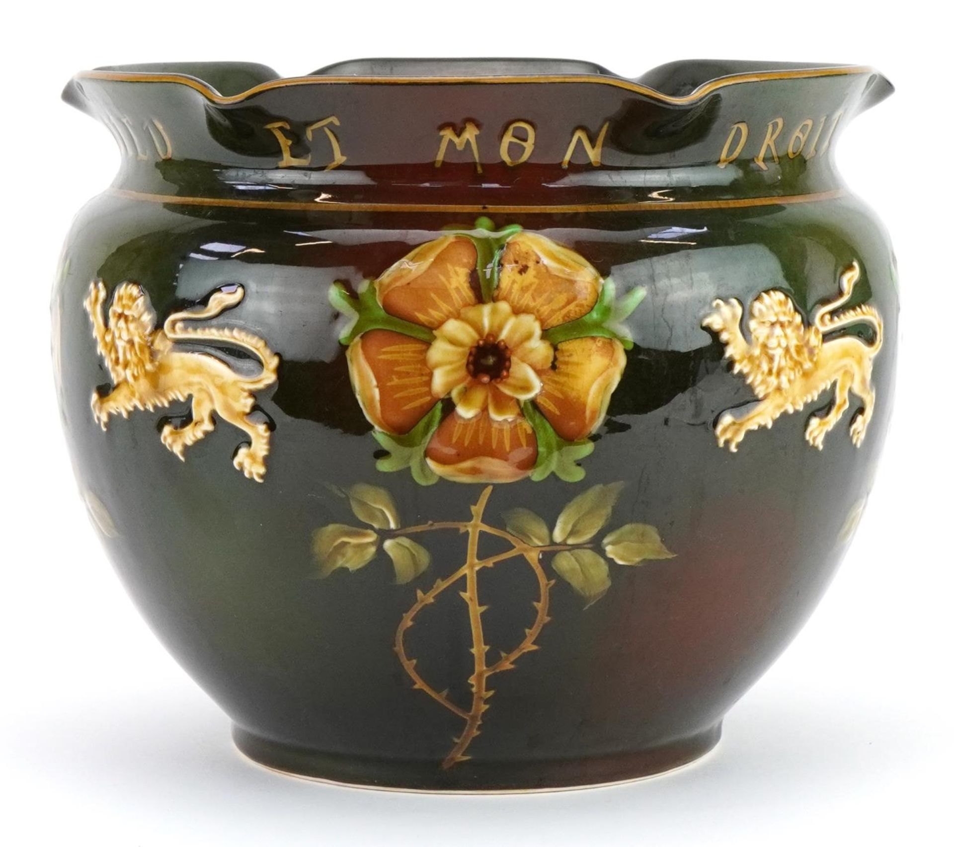 Art Nouveau Albion pottery jardiniere hand painted with Britannia lions and Irish roses, - Image 2 of 4