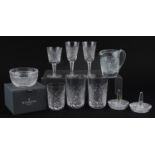 Waterford crystal including two ring holders, one with box, pair of beakers and a jug, the largest