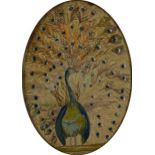 Georgian oval embroidery of a peacock embellished with sequins and dated 1791, glazed, housed in a